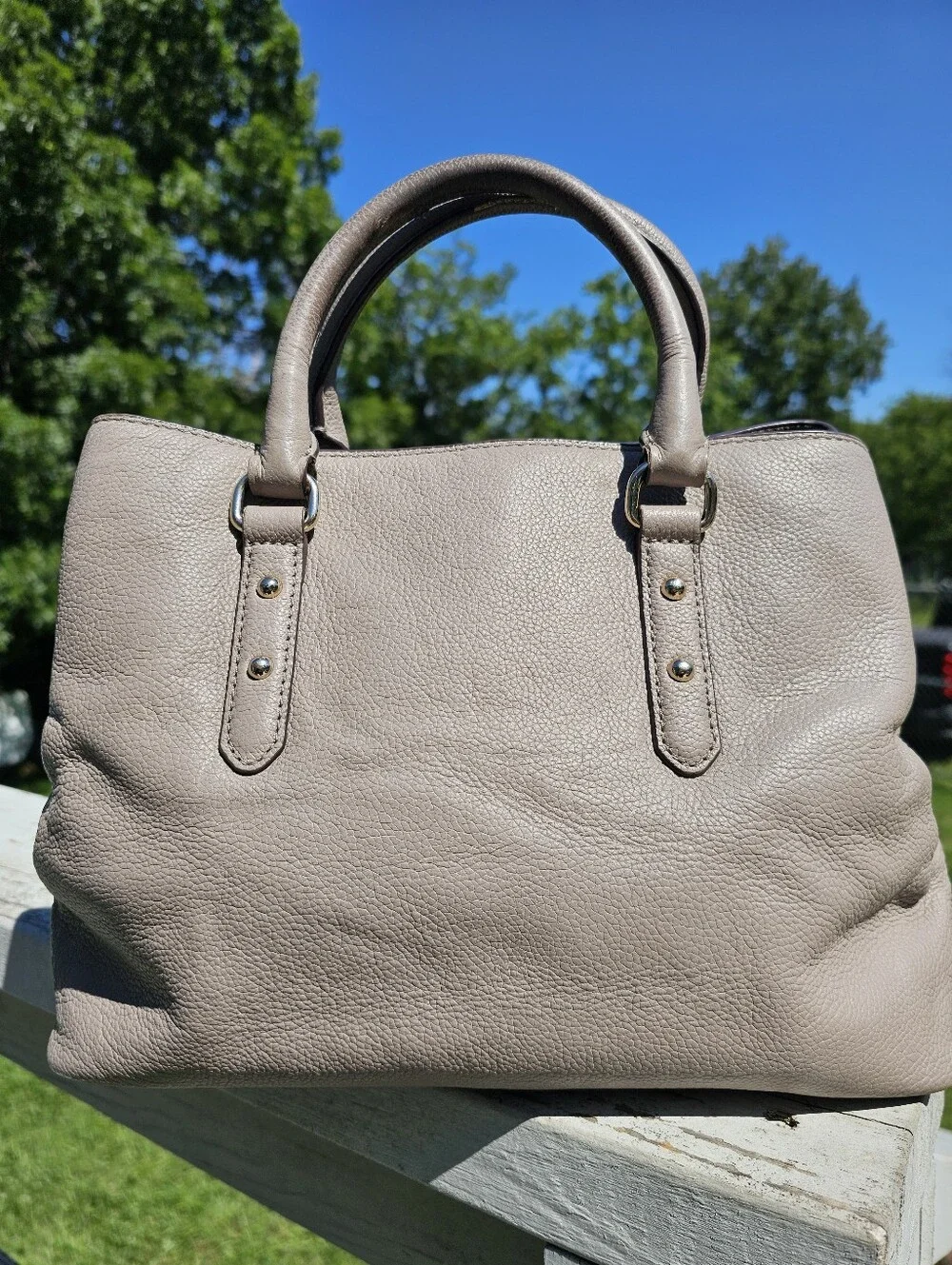 Kate Spade Larchmont Avenue Evangelie Satchel Leather Grease Grey Taupe - Picture 2 of 14